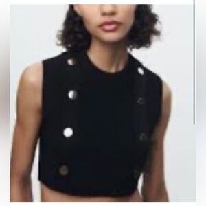 Zara Black Crop Top Knit Jewel Gold Button Size S